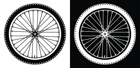 Bicycle wheel on white and black background. Set of vector monochrome elements for design