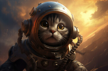 An astronaut cat in a spacesuit in space - obrazy, fototapety, plakaty