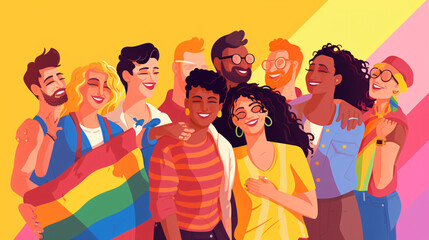 Group of happy young people with lgbt flag illustration.