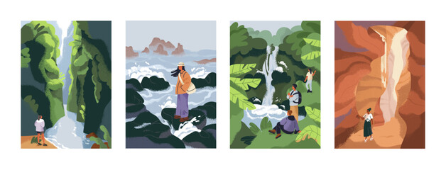 People travel in nature. Vertical landscape cards set. Holiday adventure in caves, canyon, hiking to waterfall, sea and rocks, enjoying peaceful calm tranquil sceneries. Flat vector illustrations - obrazy, fototapety, plakaty