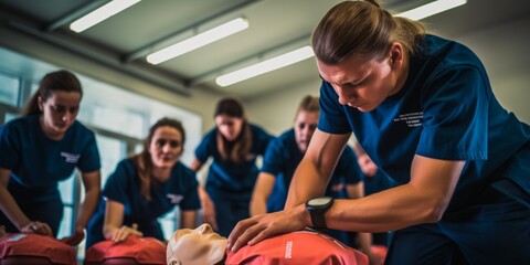 CPR course for saving lives using a mannequin for chest compressions.