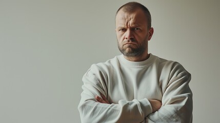 Magazine cover featuring a 40 years old man in a sweatshirt, displaying a worried and angry facial expression against a white background. - obrazy, fototapety, plakaty
