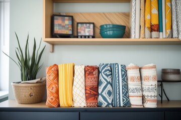 fabrics with different patterns folded neatly on a shelf