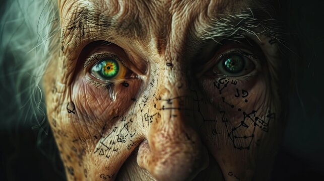 Close-up portrait photo of an elderly, sad woman with intense green eyes who has small tattoos representing mathematical formulas all over her face