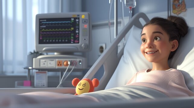 A young girl in a hospital bed, looking cheerful despite being sick.