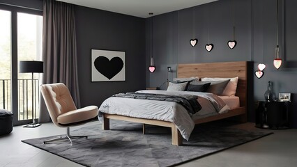 modern room decorated for valentine's day with red hearts