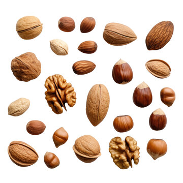 Pile of mixed organic nuts on transparent background