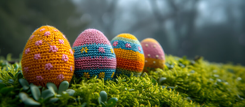 Beautiful Handmade knitted Easter eggs on green moss in the forest.