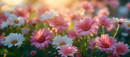Pink and white daisy flowers in the garden, nature background.T he landscape of white daisy blooms in a field.