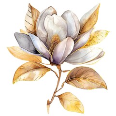 Watercolor flower magnolia with golden leaves