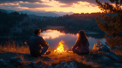 couple relaxes around a campfire on a hilltop, overlooking a serene lake, campfire in the forest