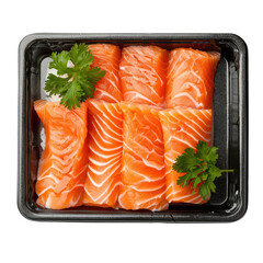 Sliced ​​Fresh Fillet Salmon in plate. Top view. isolated on transparent background.