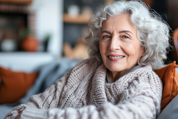 Portrait of beautiful mature woman smiling while sitting at sofa at home. Smiling retired grey haired woman looking at camera in winter time. Positive senior female sitting on sofa in living room. 