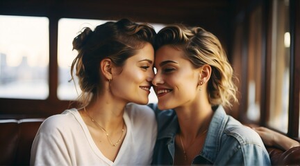 LGBT lesbian couple cute moments of happiness concept from Generative AI - obrazy, fototapety, plakaty