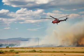 firefighting helicopter hovering over field