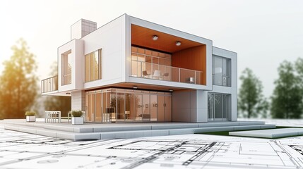 Concept of modern cottage located on blueprints, 3d illustration