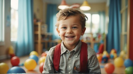 Portrait of a happy kid boy playing on a kindergarten room from Generative AI