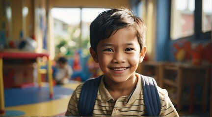 Portrait of a happy kid filipino boy playing on a kindergarten room from Generative AI