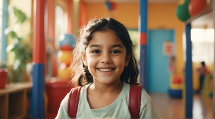 Portrait of a happy kid mexican girl playing on a kindergarten room from Generative AI - obrazy, fototapety, plakaty