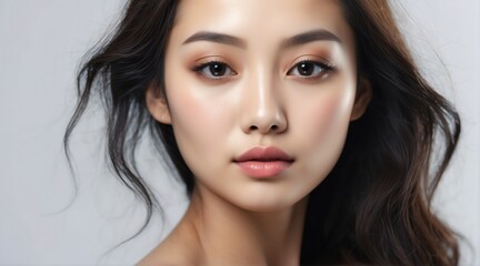 Naklejka premium Portrait of attractive asian woman for beauty skin care ad concept on plain white background from Generative AI