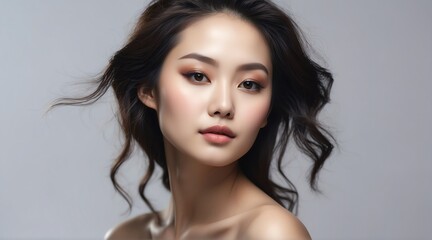 Naklejka premium Portrait of attractive asian woman for beauty skin care ad concept on plain white background from Generative AI