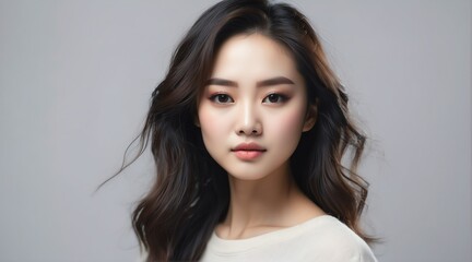 Portrait of attractive asian woman for beauty skin care ad concept on plain white background from Generative AI