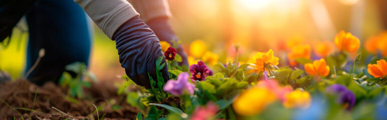 Woman at work in the garden planting  planting pansies or flowers. Close up of hands working the plant into the spring soil. Wide banner with shallow field of view. - obrazy, fototapety, plakaty