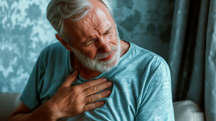 Senior man clutching chest in pain, concept of heart attack, health emergency.
