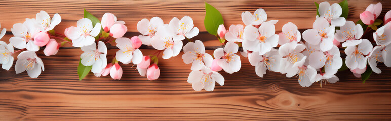 Cherry blossoms on wooden texture, springtime floral banner in wide format.
