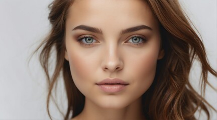 Portrait of attractive caucasian woman for beauty skin care ad concept on plain white background from Generative AI