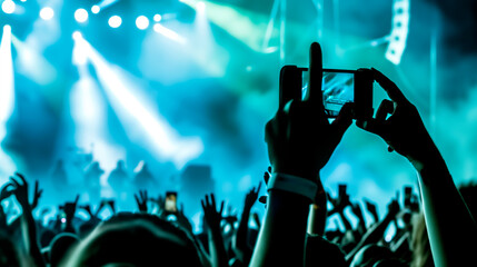 Audience recording concert with smartphone, live music event, colorful stage lights.
