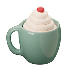 mug of cocoa, coffee, whipped cream, cherry, 3D render