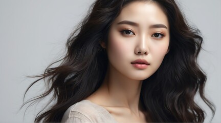 Naklejka premium Portrait of attractive korean woman for beauty skin care ad concept on plain white background from Generative AI