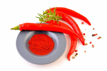 Red chilli pepper and spice on whiten background. Food still life with herbs. - 724689544