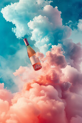 Wine bottle flying into colorful pink blue colour clouds.