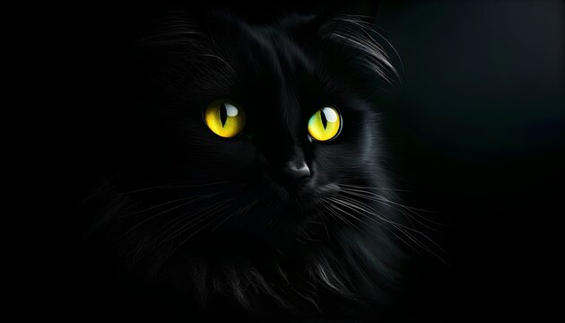Black Cat on Black Background with Bright Yellow Eyes: Dramatic and Intense Image with Subtle Lighting and Copy Space
