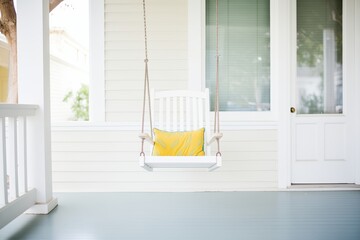 an empty swing chair on a clean white porch