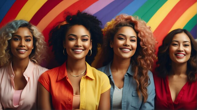 Portrait of diverse inclusive group of happy woman, woman's month concept, rainbow theme from Generative AI
