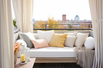 a cozy daybed draped with light, airy fabrics on a rooftop patio