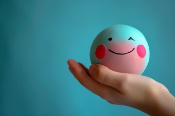 Happy Smiley symbol colorful round circle ball in hand expressing joy and happiness. Smiley and Happy Face Cheerful Emoji Laughing smile radiate positive emotions. Grinning Joyful Expression icon face