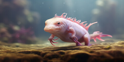 Ethereal Underwater Ambiance Featuring a Majestic Axolotl in Natural Habitat Surrounded by Mystical Light and Serene Waterscape