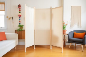 three-paneled fabric room divider against neutral toned wall