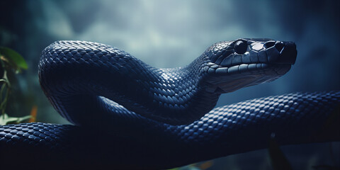 Majestic Blue Serpent Slithering in Shadows: High-Resolution Venomous Snake Photography - obrazy, fototapety, plakaty