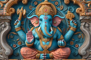 Vibrant depiction of Hindu deity Ganpati on ornamental backdrop - Contemporary digital artwork as 3D mural on citadel.