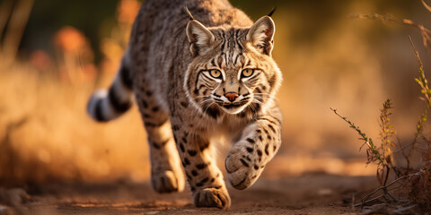 Majestic Bobcat in Motion: Stunning Wildlife Photography in Golden Hour Light, Perfect for Nature Backgrounds and Animal Enthusiasts