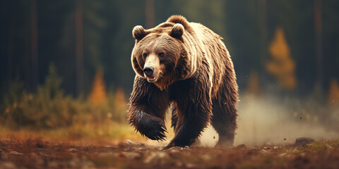 Majestic Brown Bear in Motion through Misty Forest Wilderness - Wildlife Photography