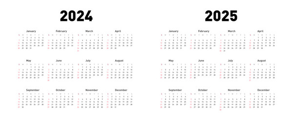 Calendar 2024 And 2025 Years. Week Start Sunday
