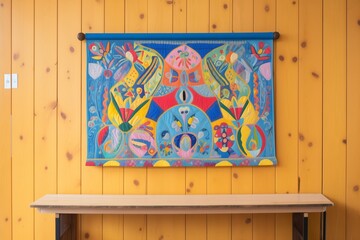 brightly colored tapestry hanging in daylight from wooden panel wall