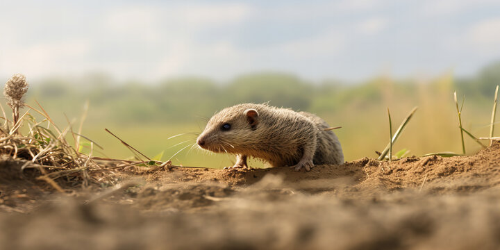 Curious Small Rodent Exploring Vast Outdoors in Sunlit Field - Wildlife Photography