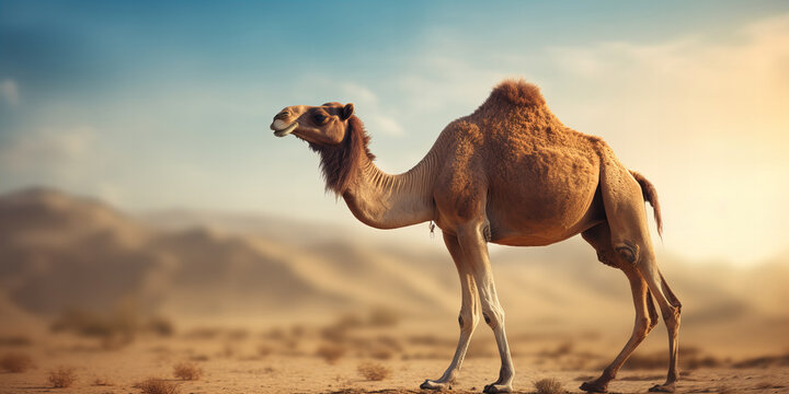 Majestic Camel Strolling Through Sun-Kissed Sand Dunes Under Clear Blue Skies in the Vast Tranquil Desert Landscape - Wildlife, Nature, Travel, and Adventure Stock Photo